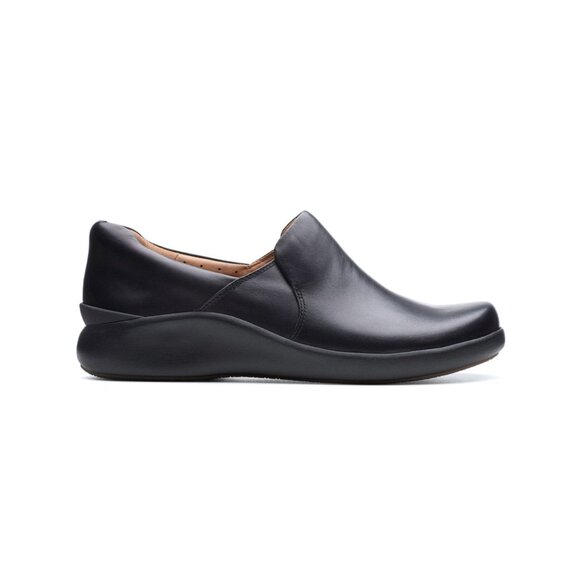 Clarks Women's 9 Black Leather Un Loop Slip-on Step Loafers - Picture 1 of 11